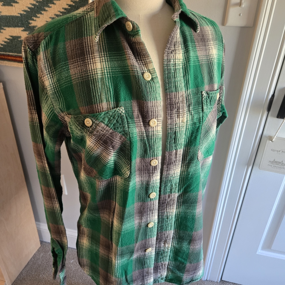 Ralph Lauren Polo Custom Fit Green & Brown Plaid Flannel Men's Shirt Size Small